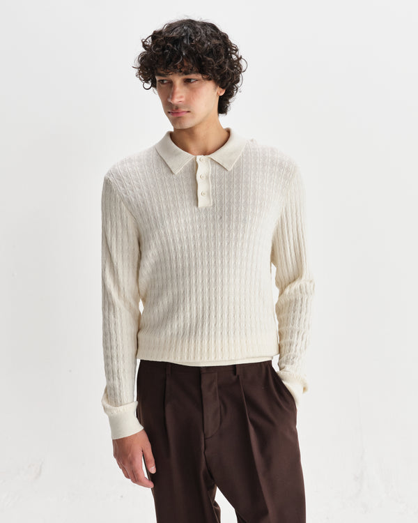 wax london men's Oban - Ecru Diamond Stripe Knitted Polo