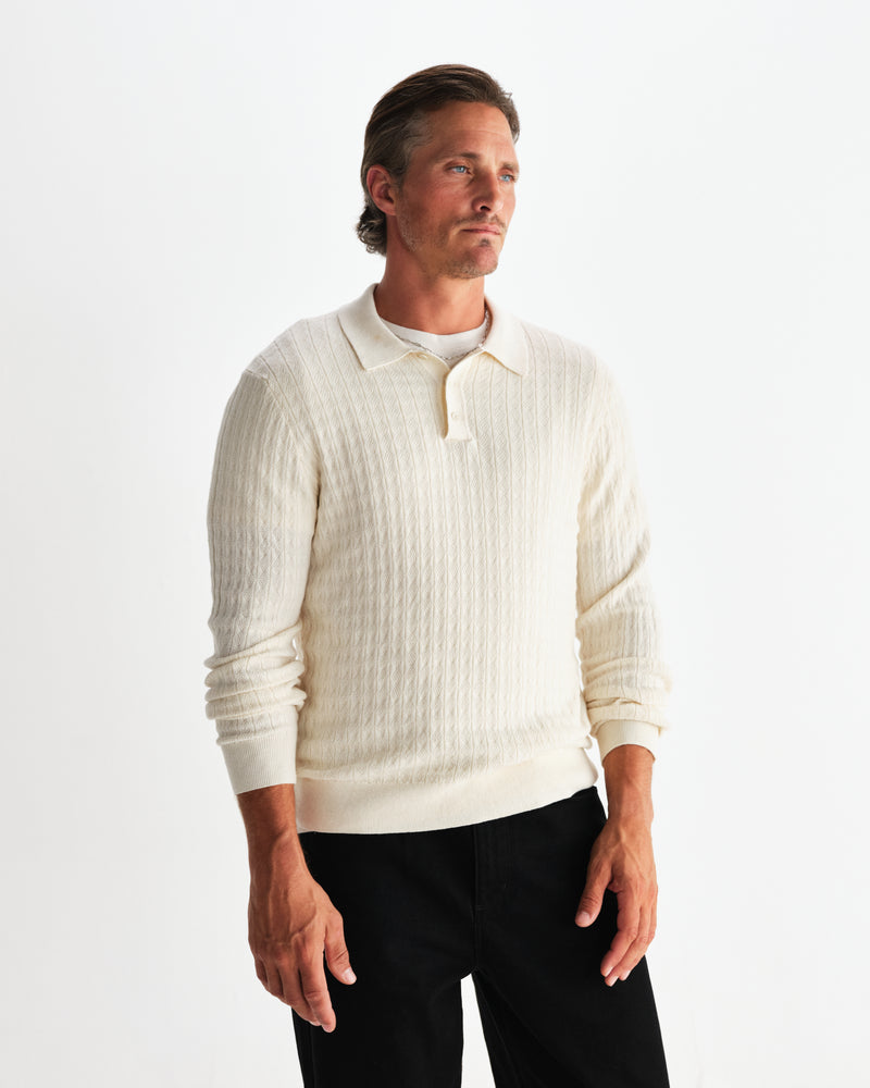 wax london men's Oban - Ecru Diamond Stripe Knitted Polo