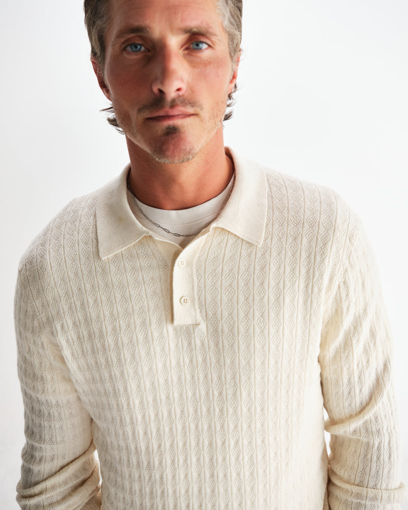 wax london men's Oban - Ecru Diamond Stripe Knitted Polo
