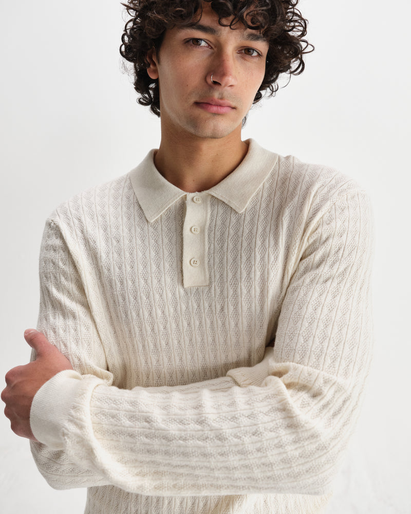 wax london men's Oban - Ecru Diamond Stripe Knitted Polo