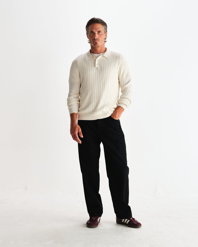 wax london men's Oban - Ecru Diamond Stripe Knitted Polo