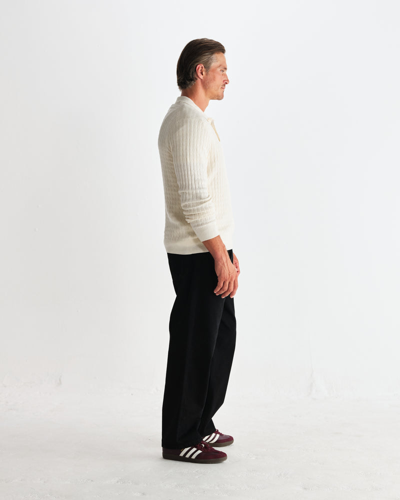 wax london men's Oban - Ecru Diamond Stripe Knitted Polo