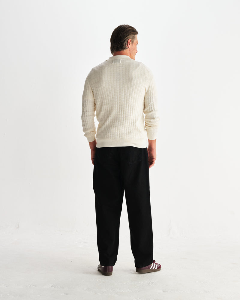 wax london men's Oban - Ecru Diamond Stripe Knitted Polo