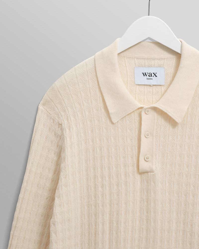 wax london men's Oban - Ecru Diamond Stripe Knitted Polo
