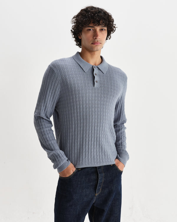 wax london men's Oban - Grey Blue Diamond Stripe Knitted Polo