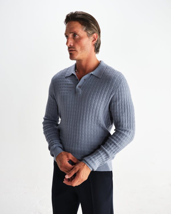 wax london men's Oban - Grey Blue Diamond Stripe Knitted Polo