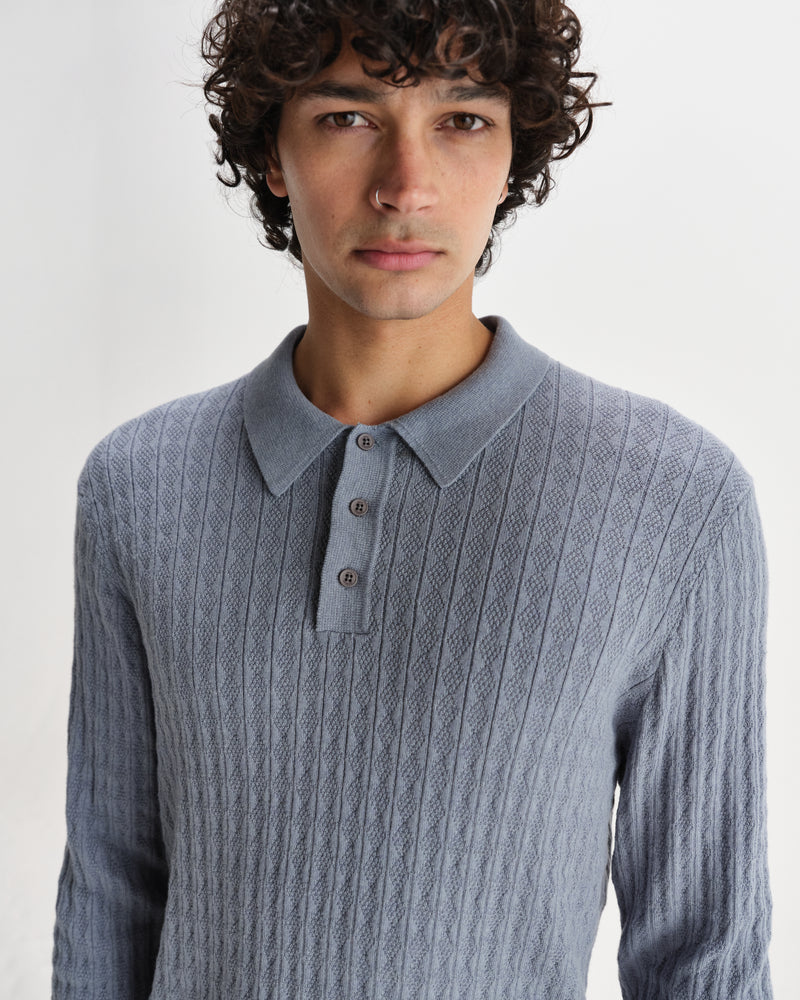 wax london men's Oban - Grey Blue Diamond Stripe Knitted Polo
