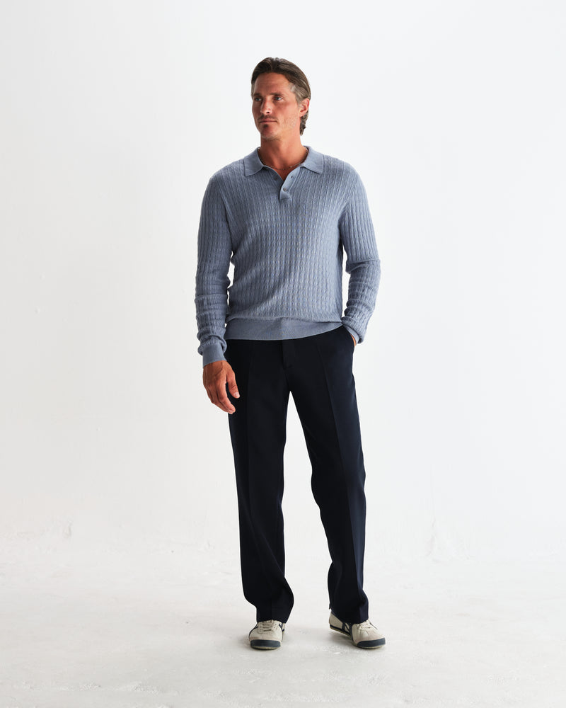 wax london men's Oban - Grey Blue Diamond Stripe Knitted Polo
