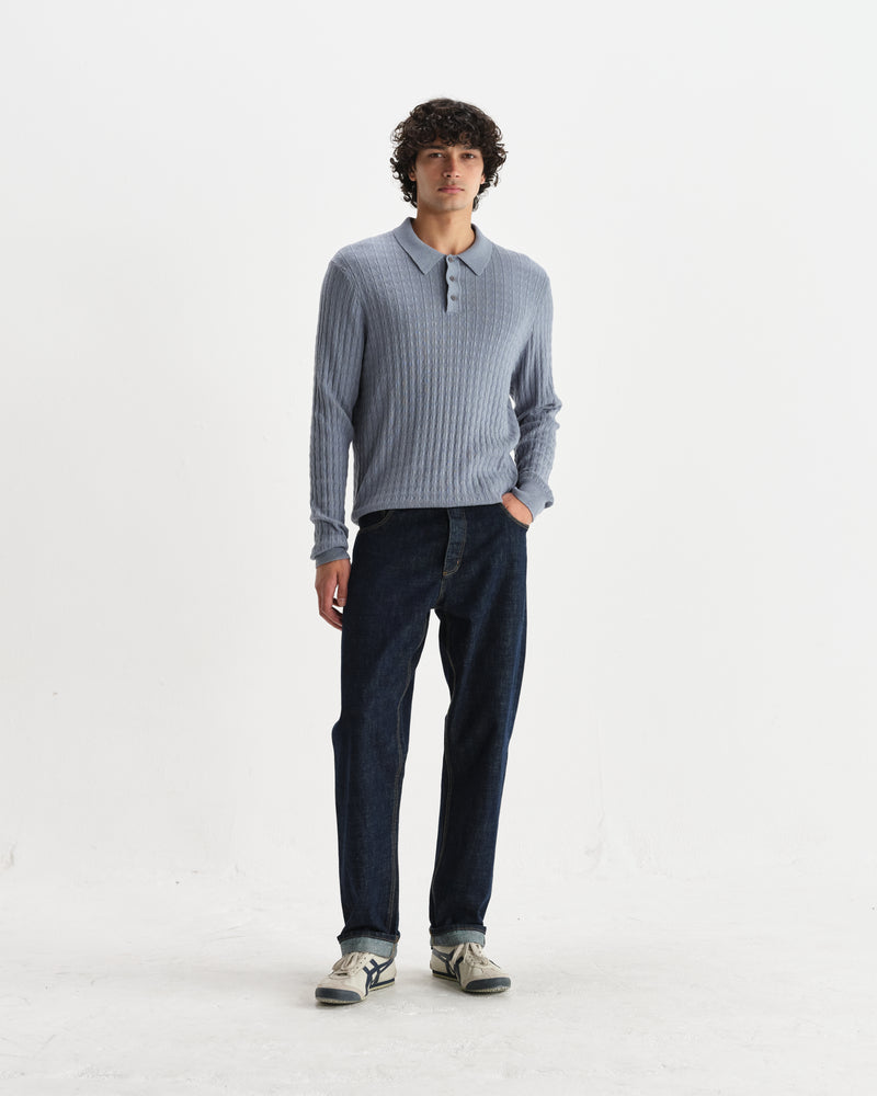 wax london men's Oban - Grey Blue Diamond Stripe Knitted Polo