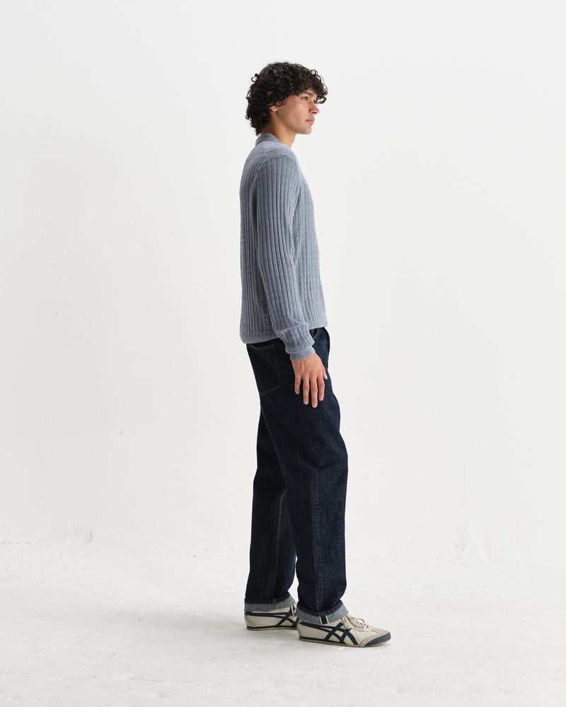 wax london men's Oban - Grey Blue Diamond Stripe Knitted Polo