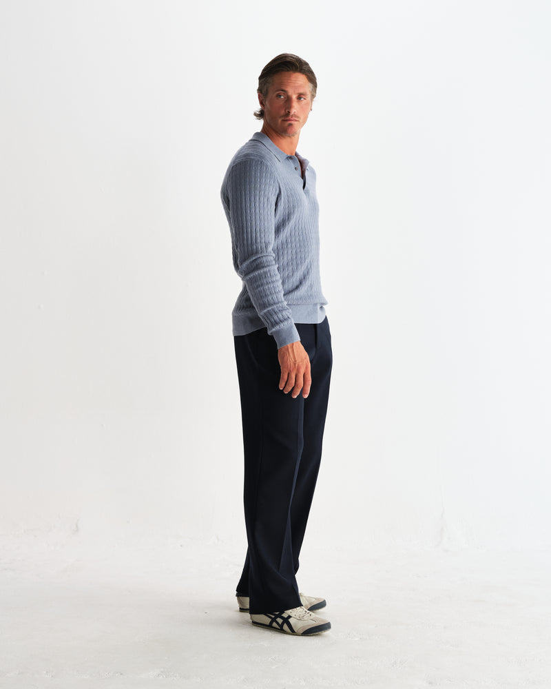 wax london men's Oban - Grey Blue Diamond Stripe Knitted Polo