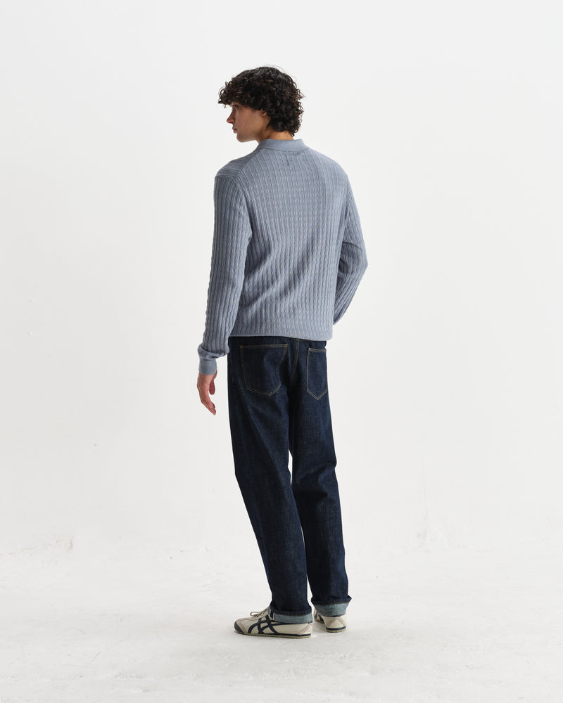 wax london men's Oban - Grey Blue Diamond Stripe Knitted Polo