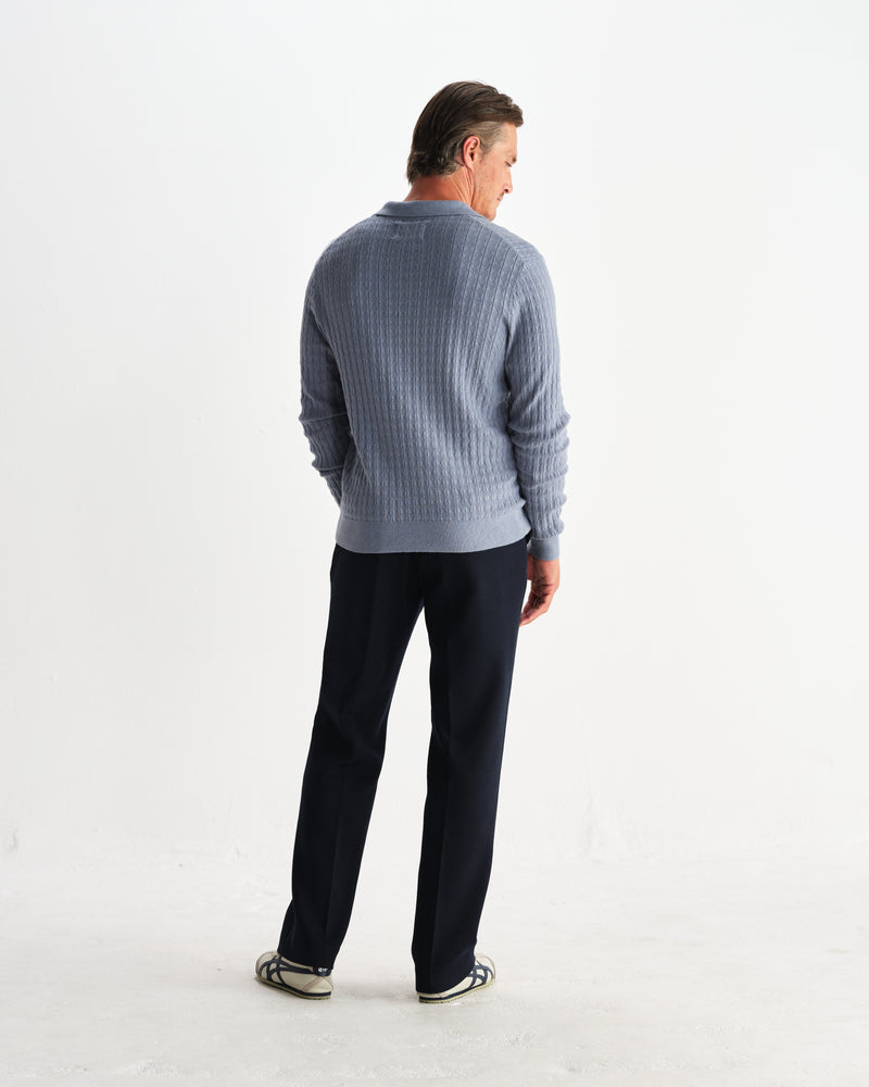wax london men's Oban - Grey Blue Diamond Stripe Knitted Polo