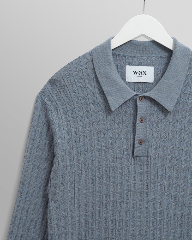 wax london men's Oban - Grey Blue Diamond Stripe Knitted Polo