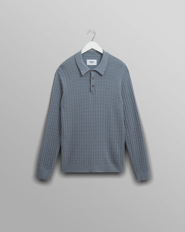 wax london men's Oban - Grey Blue Diamond Stripe Knitted Polo