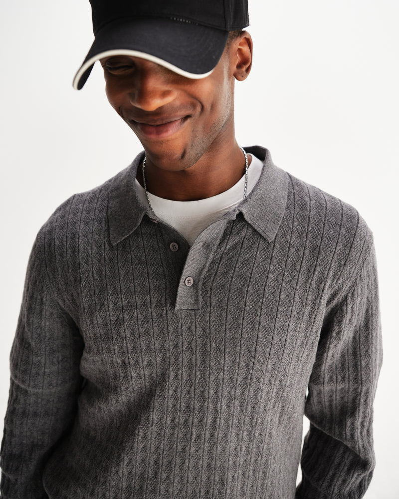 wax london men's Oban - Grey Marl Diamond Stripe Knitted Polo