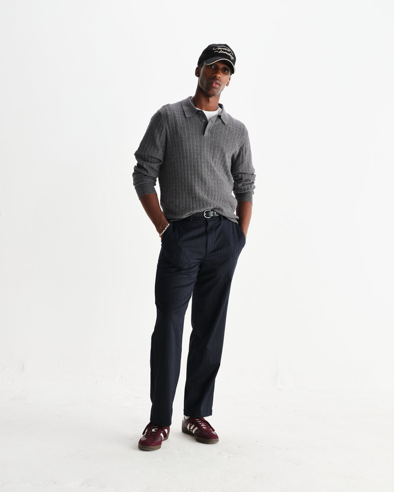 wax london men's Oban - Grey Marl Diamond Stripe Knitted Polo
