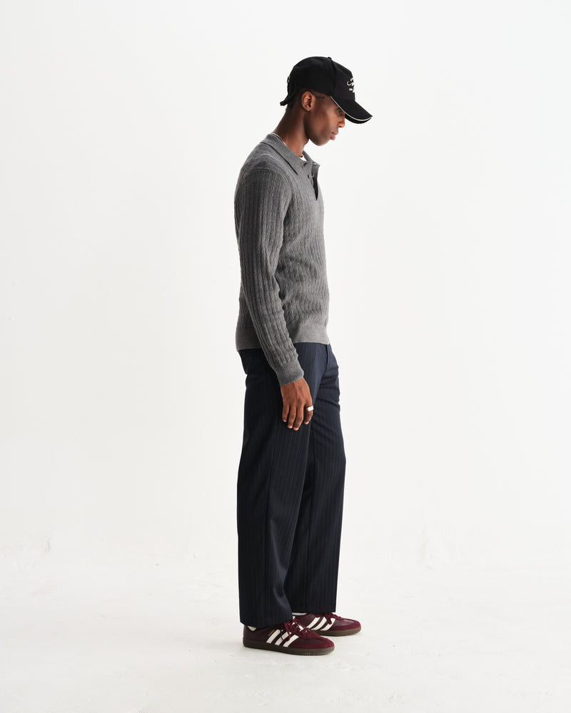 wax london men's Oban - Grey Marl Diamond Stripe Knitted Polo