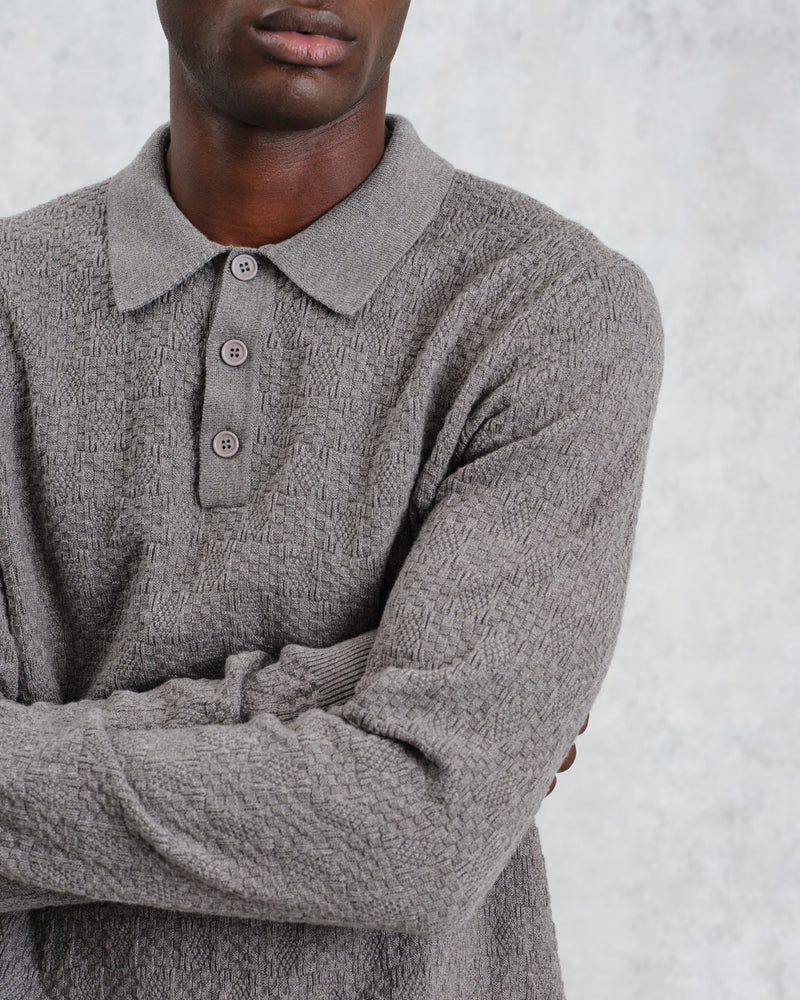 wax london Oban - Grey Marl Textured-Check Knitted Long Sleeve Polo Shirt