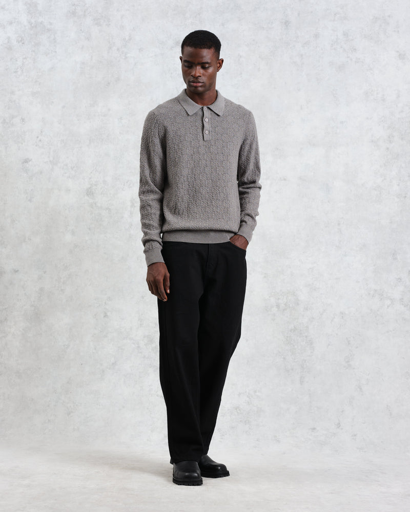 wax london Oban - Grey Marl Textured-Check Knitted Long Sleeve Polo Shirt