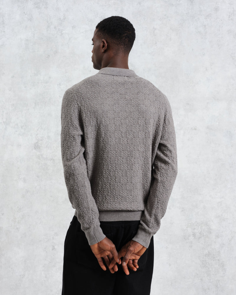 wax london Oban - Grey Marl Textured-Check Knitted Long Sleeve Polo Shirt