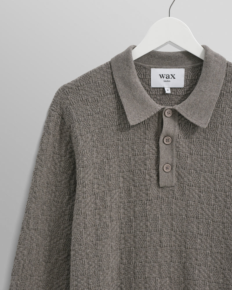 wax london Oban - Grey Marl Textured-Check Knitted Long Sleeve Polo Shirt