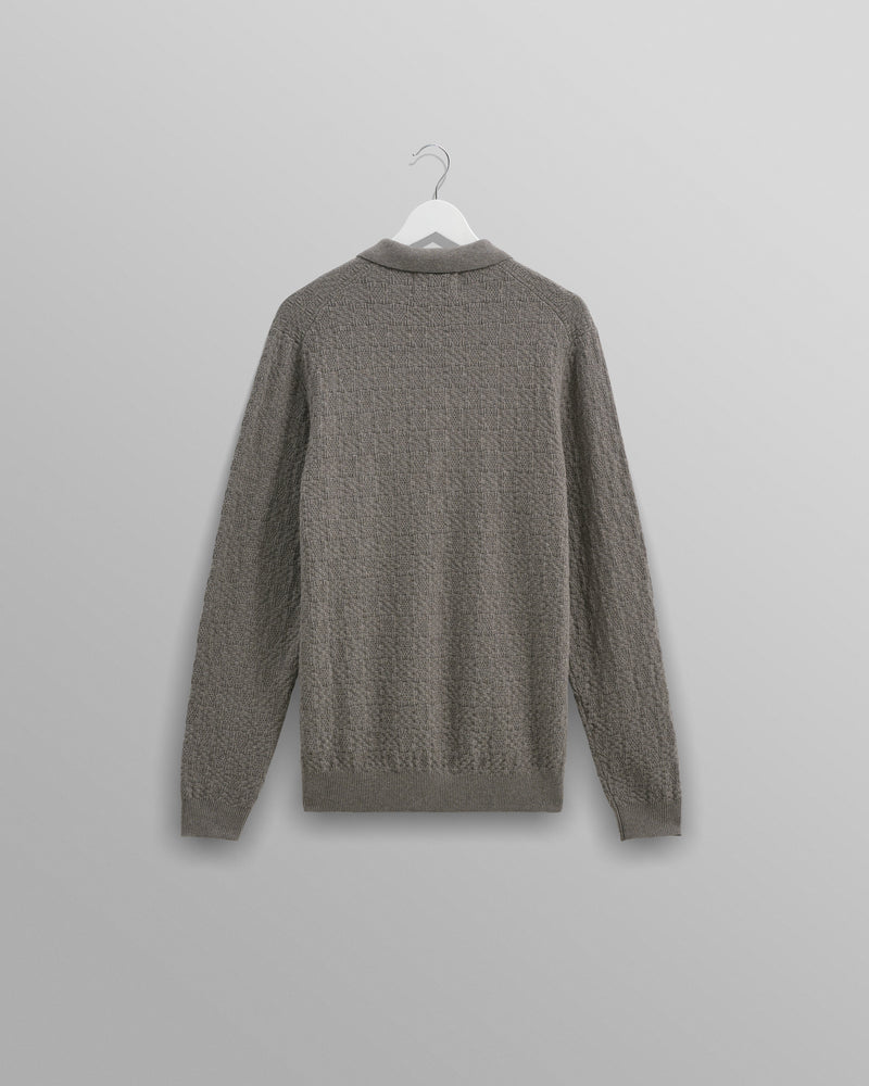 wax london Oban - Grey Marl Textured-Check Knitted Long Sleeve Polo Shirt