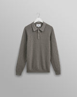 wax london Oban - Grey Marl Textured-Check Knitted Long Sleeve Polo Shirt