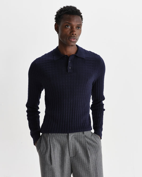 wax london men's Oban - Navy Diamond Stripe Knitted Polo
