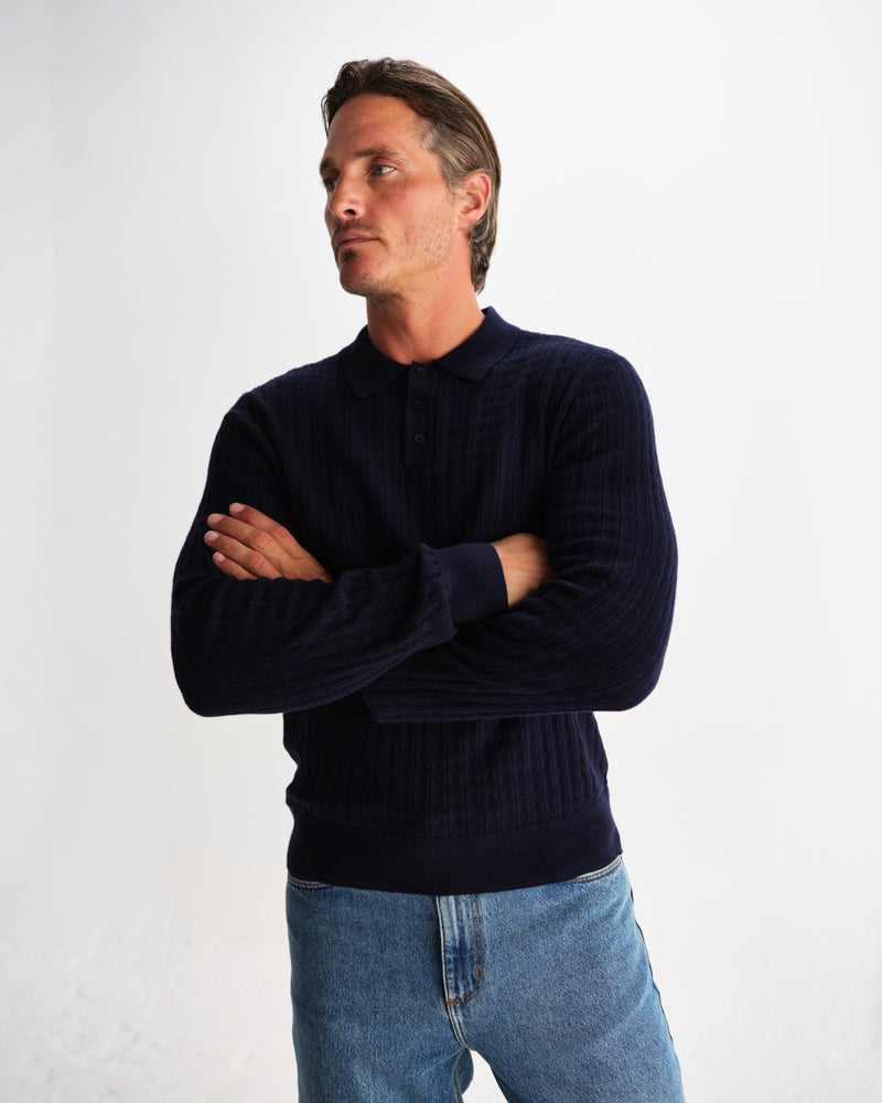 wax london men's Oban - Navy Diamond Stripe Knitted Polo
