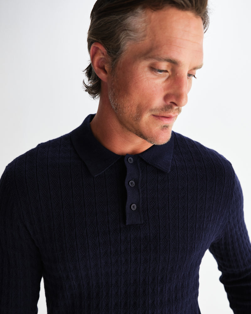 wax london men's Oban - Navy Diamond Stripe Knitted Polo