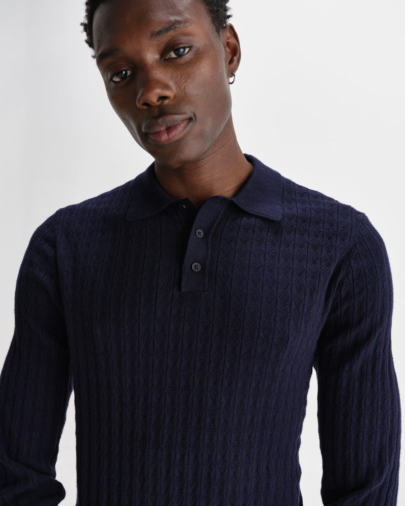 wax london men's Oban - Navy Diamond Stripe Knitted Polo