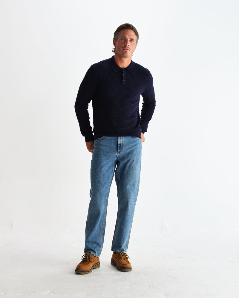 wax london men's Oban - Navy Diamond Stripe Knitted Polo