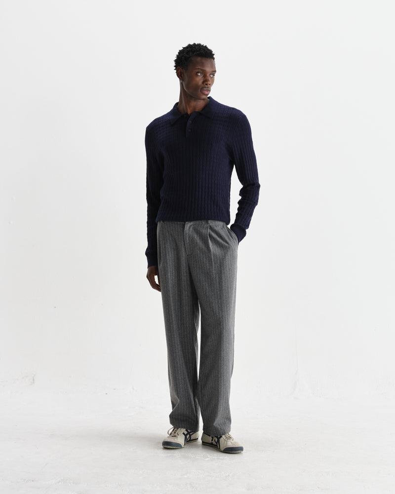 wax london men's Oban - Navy Diamond Stripe Knitted Polo