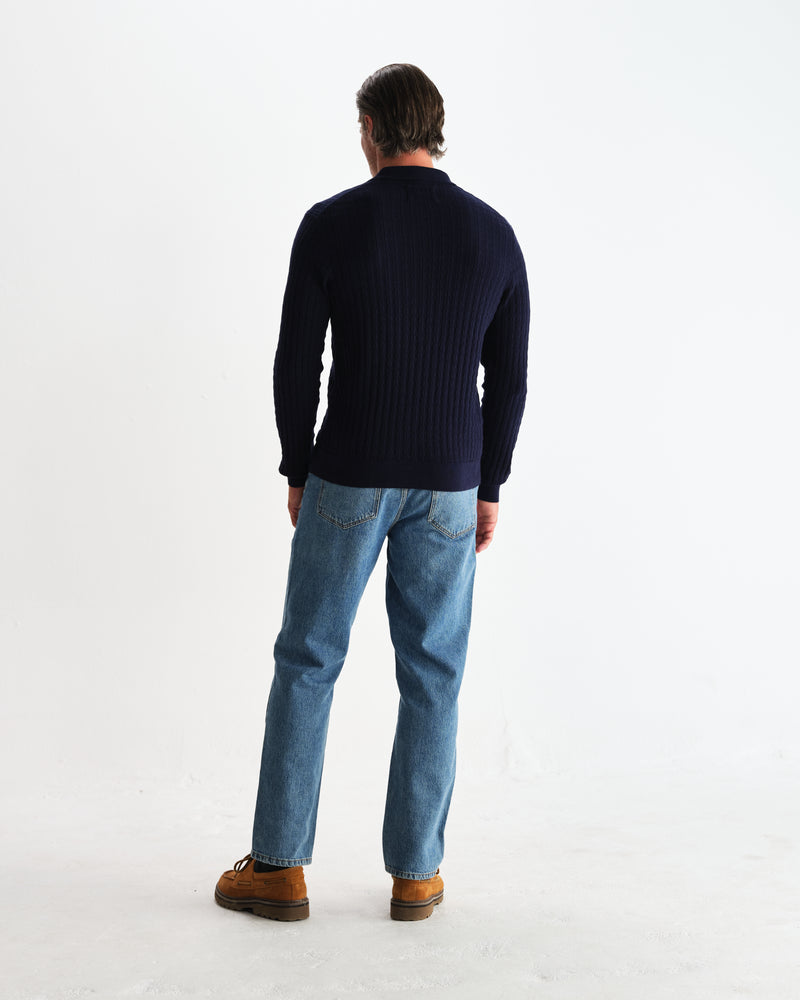 wax london men's Oban - Navy Diamond Stripe Knitted Polo