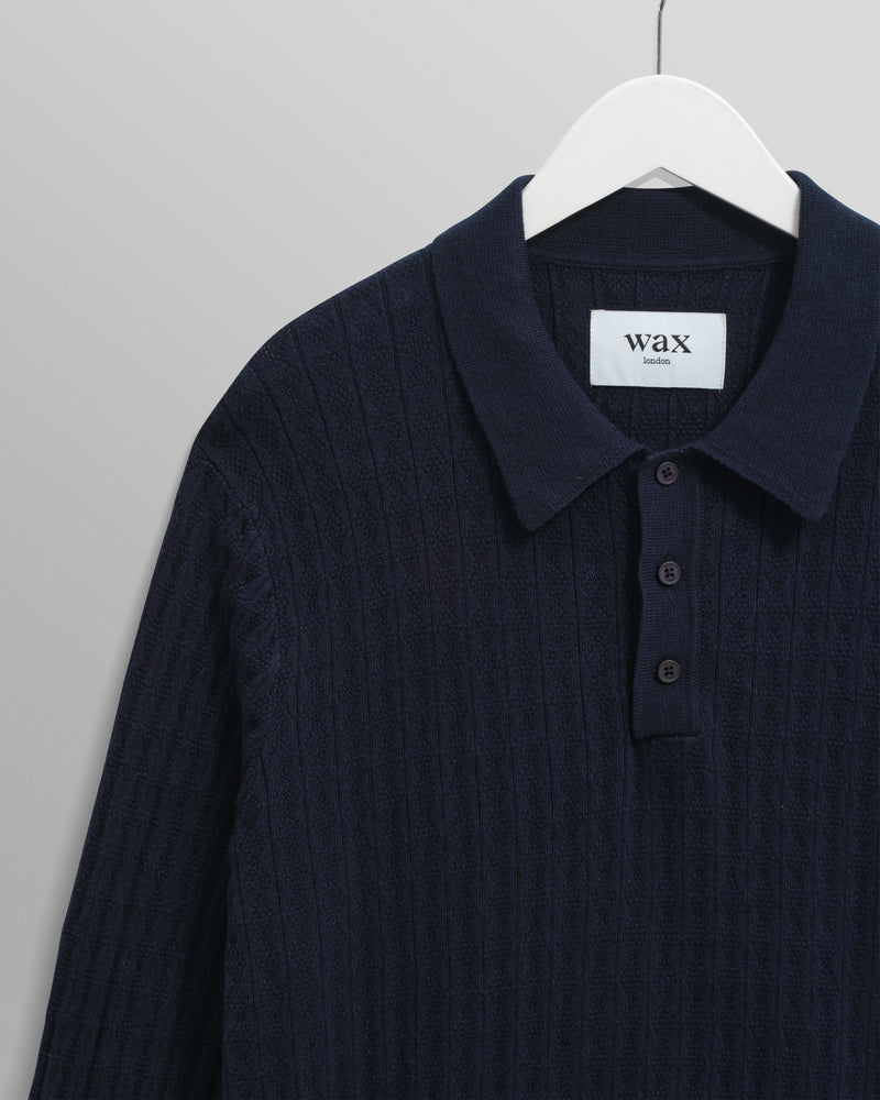 wax london men's Oban - Navy Diamond Stripe Knitted Polo