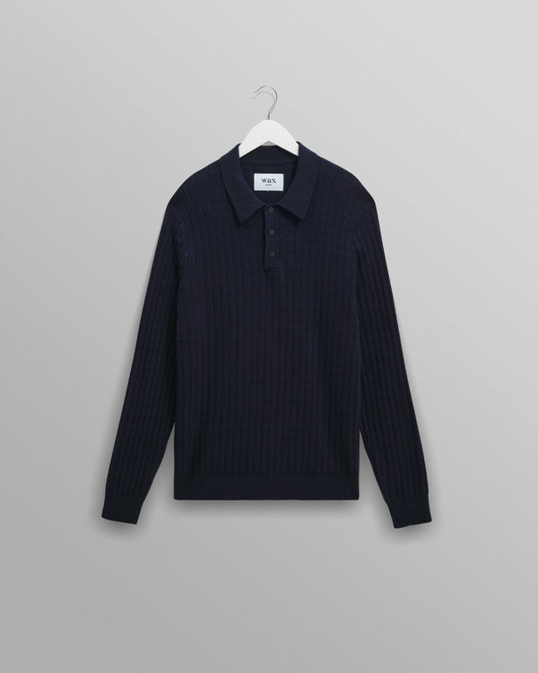wax london men's Oban - Navy Diamond Stripe Knitted Polo