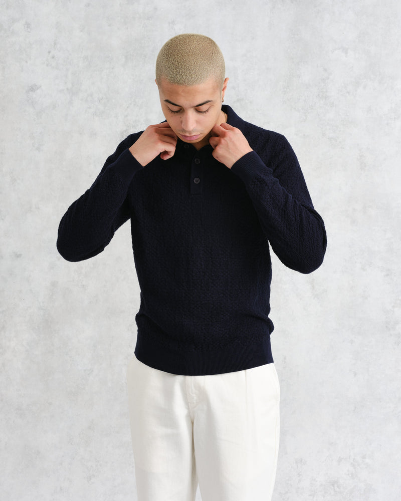 wax london Oban - Navy Textured-Check Knitted Long Sleeve Polo Shirt