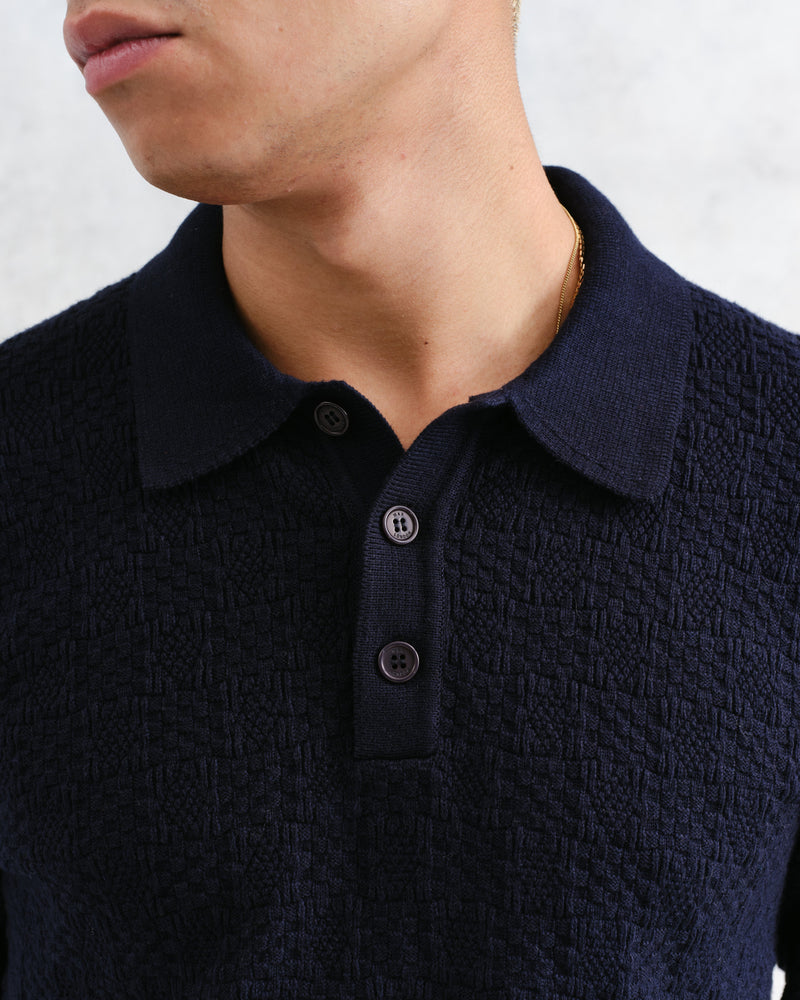 wax london Oban - Navy Textured-Check Knitted Long Sleeve Polo Shirt