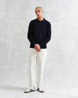 wax london Oban - Navy Textured-Check Knitted Long Sleeve Polo Shirt