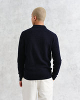 wax london Oban - Navy Textured-Check Knitted Long Sleeve Polo Shirt