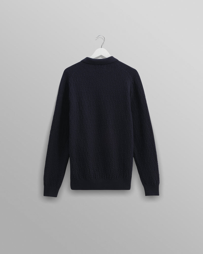 wax london Oban - Navy Textured-Check Knitted Long Sleeve Polo Shirt