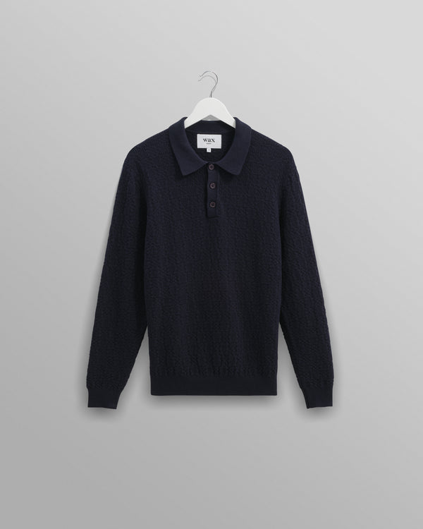 Oban - Navy Textured-Check Knitted Long Sleeve Polo Shirt