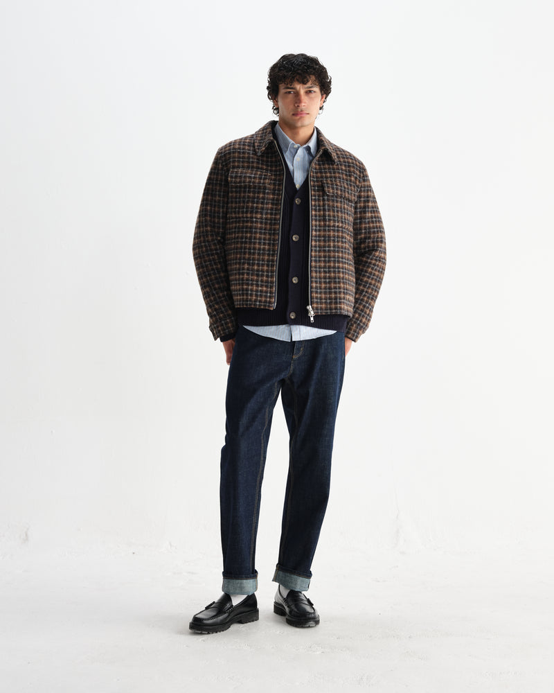 wax london men's Osier - Navy And Brown Drawn Check Jacket