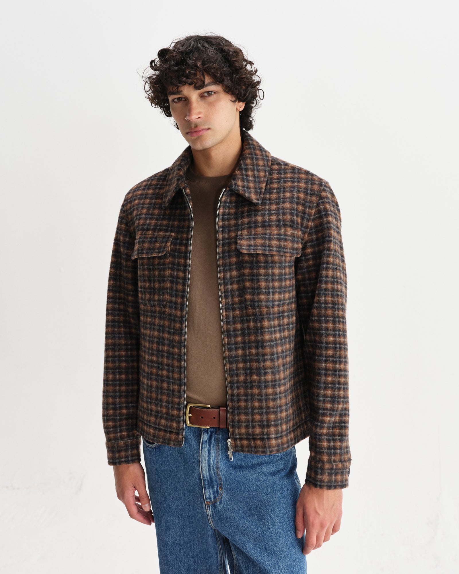 Men's Navy And Brown Drawn-Check Italian Wool Jacket | Wax London