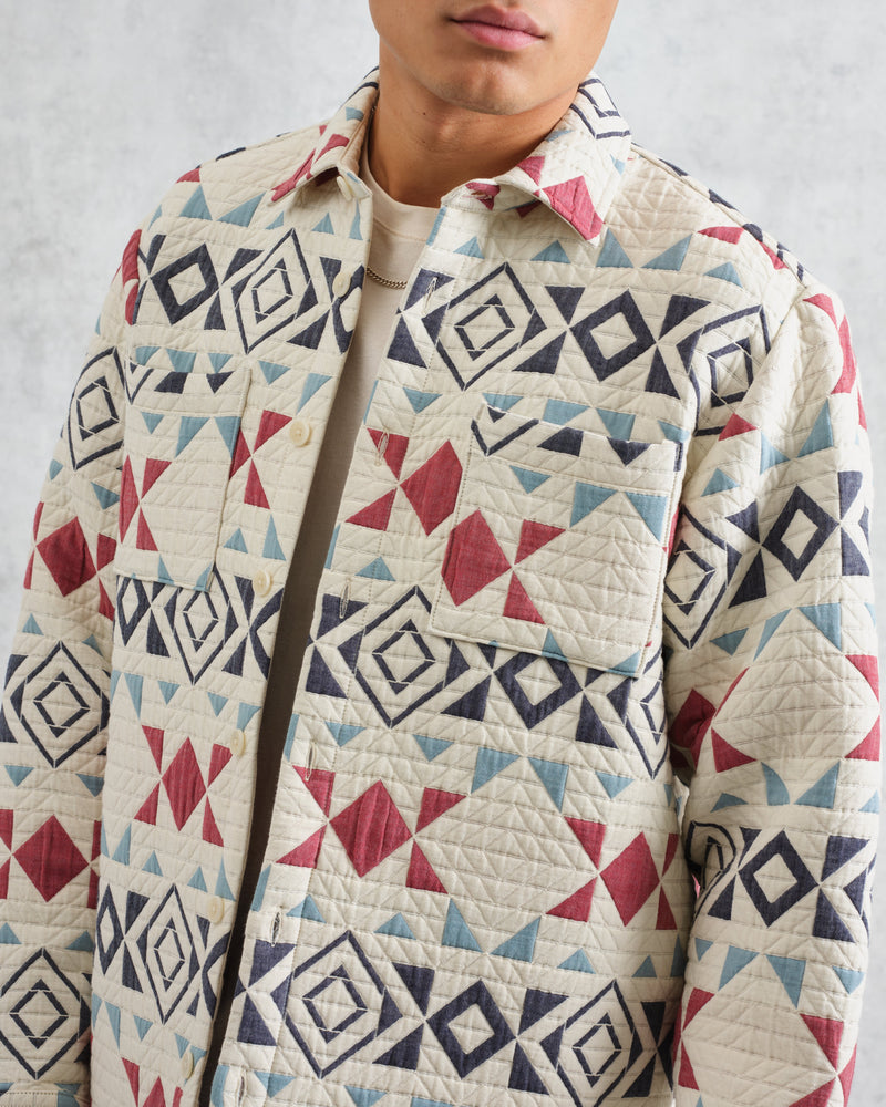 wax london Otto - Ecru And Red Quilted Overshirt