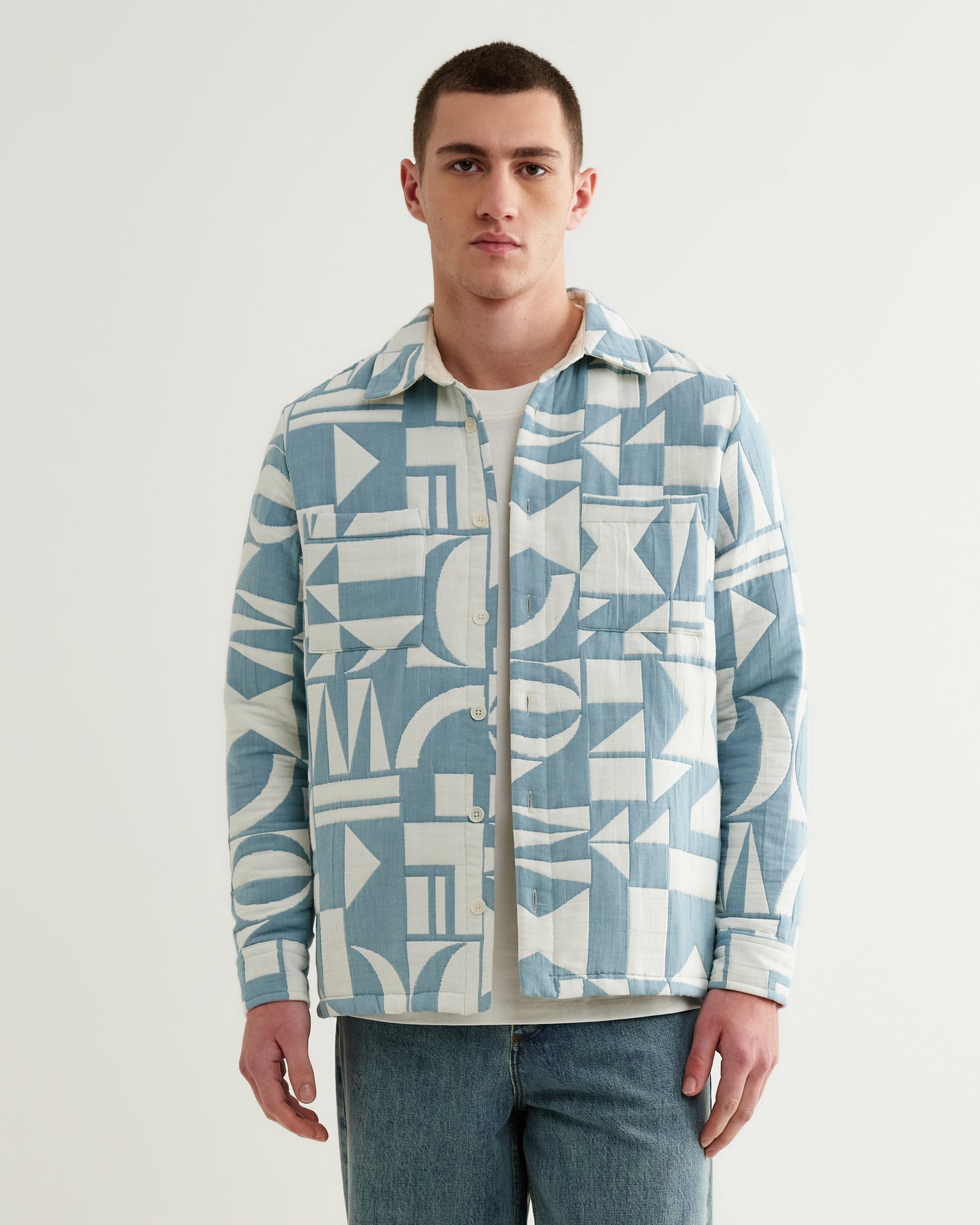 Men's Light Blue And Ecru Jacquard Overshirt | Wax London
