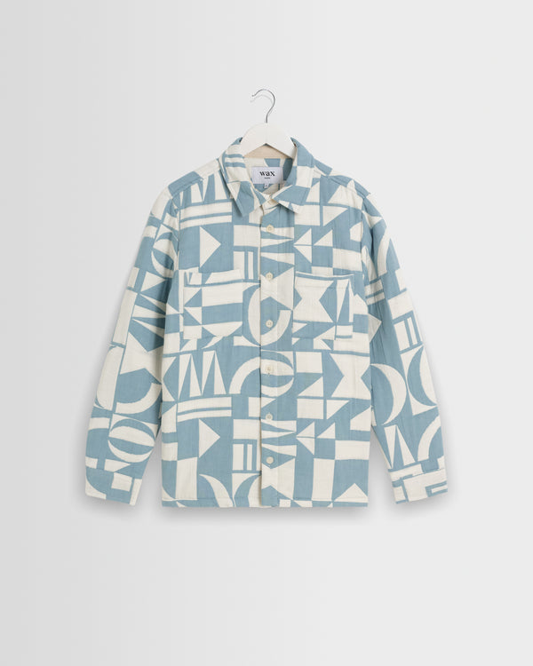 wax london men's Otto - Light Blue And Ecru Quilted Jacquard Overshirt