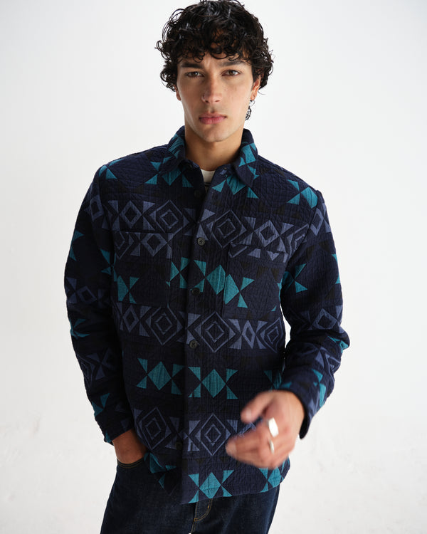 wax london men's Otto - Navy And Teal Blanket Quilted Overshirt