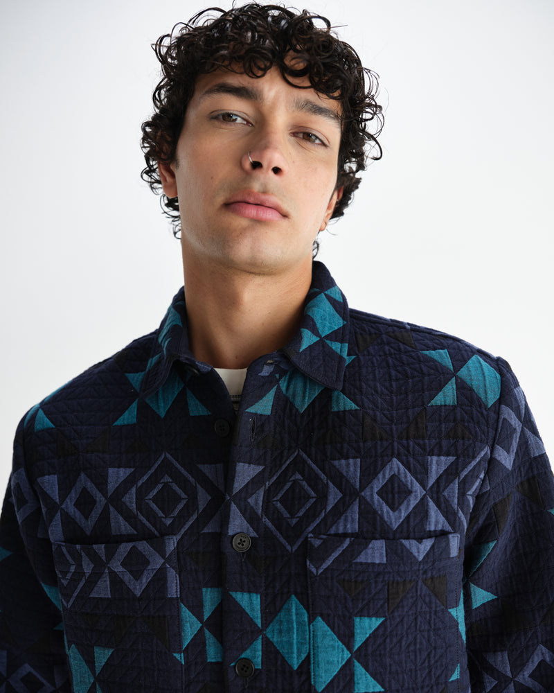 wax london men's Otto - Navy And Teal Blanket Quilted Overshirt